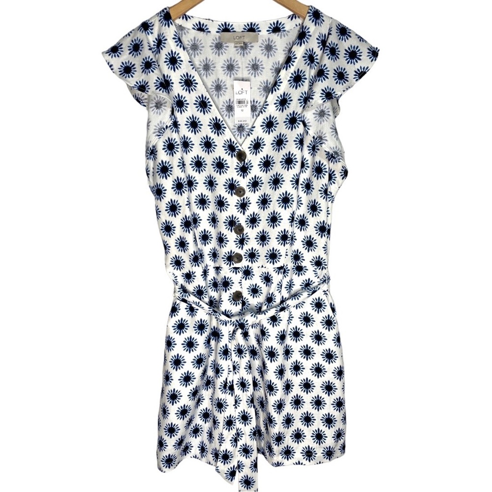 LOFT NWT White and Blue Starburst Linen Tie Waist Flutter Sleeve Romper Shorts